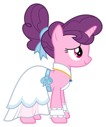 Size: 854x1023 | Tagged: safe, artist:sonofaskywalker, imported from derpibooru, sugar belle, pony, unicorn, derpibooru, the big mac question, clothes, dress, female, juxtaposition, mare, meta, simple background, smiling, solo, transparent background, vector, wedding dress