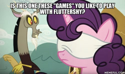 Size: 600x355 | Tagged: safe, edit, edited screencap, imported from derpibooru, screencap, discord, sugar belle, the big mac question, blindfold, caption, image macro, memeful.com, text