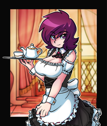 Size: 2123x2500 | Tagged: safe, artist:ciderpunk, imported from derpibooru, oc, oc only, oc:burgundy chalice, human, clothes, female, humanized, humanized oc, looking at you, maid, solo, tray