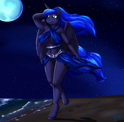 Size: 2550x2524 | Tagged: safe, artist:brushstroke, imported from derpibooru, princess luna, alicorn, anthro, unguligrade anthro, armpits, beach, belly button, bocas top, breasts, busty princess luna, eyeshadow, female, makeup, midriff, moon, solo