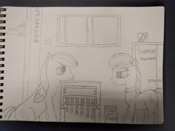 Size: 4056x3040 | Tagged: safe, artist:bluetec, imported from derpibooru, octavia melody, oc, oc:bluetec, earth pony, pegasus, pony, canon x oc, garage, male, octavia is not amused, stallion, traditional art, unamused, wrench