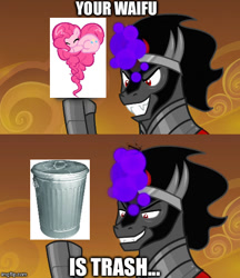 Size: 500x580 | Tagged: safe, artist:bamboodog, edit, edited screencap, imported from derpibooru, screencap, king sombra, pinkie pie, pony, the beginning of the end, background pony strikes again, downvote bait, evil grin, funny, grin, heart pony, meme, op is a duck, op is trying to start shit, smiling, your waifu is trash