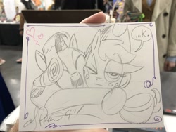 Size: 1024x768 | Tagged: safe, artist:andypriceart, imported from derpibooru, applejack, rarity, earth pony, pony, unicorn, female, hug, mare, monochrome, pencil drawing, traditional art