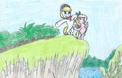 Size: 1682x1084 | Tagged: safe, artist:triforce-treasure, imported from derpibooru, oc, oc only, oc:bay breeze, oc:triforce treasure, earth pony, gorilla, pegasus, pony, cave pony, caveman, cavemare, cavewoman, chest pounding, colored pencil drawing, jungle, mountain, scenery, tarzan, traditional art, waterfall