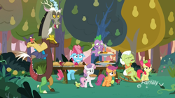 Size: 1920x1080 | Tagged: safe, imported from derpibooru, screencap, apple bloom, cup cake, discord, granny smith, scootaloo, spike, sweetie belle, dragon, earth pony, pegasus, pony, unicorn, the big mac question, bipedal, cookie, cupcake, cutie mark crusaders, dessert, discovery family logo, female, filly, floppy ears, flying, food, living apple, mare, nervous, pear tree, picnic, pie, rocking chair, sleeping, smiling, sweet apple acres, table, tree, winged spike, wings