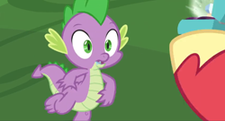 Size: 1600x864 | Tagged: safe, imported from derpibooru, screencap, big macintosh, spike, dragon, the big mac question, claws, greed spike, greedy, hooves, marriage ring, ring, salivating, shrunken pupils, spread toes, toes, winged spike, wings