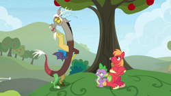 Size: 1600x900 | Tagged: safe, imported from derpibooru, screencap, big macintosh, discord, spike, draconequus, dragon, earth pony, pony, the big mac question, apple, apple tree, crossed hooves, hill, male, stallion, tree, upset, winged spike, wings