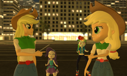 Size: 5120x3072 | Tagged: safe, artist:n3onh100, imported from derpibooru, applejack, rainbow dash, rarity, equestria girls, 3d, angry, applejack's hat, barrette, belt, clothes, cowboy hat, crying, denim skirt, geode of shielding, geode of super speed, gmod, hat, jacket, leggings, magical geodes, miniskirt, night, pants, parking lot, pencil skirt, pointing, rarity peplum dress, rolled up sleeves, self paradox, shirt, shoes, skirt, skyscraper, sneakers, stetson, t-shirt, tree