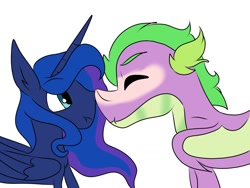 Size: 1024x768 | Tagged: safe, artist:tristannoor10, imported from derpibooru, princess luna, spike, alicorn, dragon, pony, boop, cute, female, male, mare, noseboop, shipping, spiluna, straight, winged spike, wings