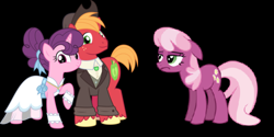 Size: 496x248 | Tagged: safe, imported from derpibooru, big macintosh, cheerilee, sugar belle, earth pony, pony, unicorn, the big mac question, black background, cheerilee is not amused, clothes, dress, female, male, mare, sad, simple background, stallion, unamused, wedding dress, wedding suit