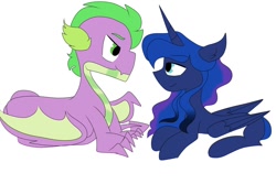 Size: 1024x682 | Tagged: safe, artist:tristannoor10, imported from derpibooru, princess luna, spike, alicorn, dragon, pony, female, looking at each other, male, mare, shipping, spiluna, straight, winged spike, wings