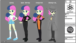 Size: 3325x1878 | Tagged: safe, artist:invisibleink, imported from derpibooru, bon bon, sweetie drops, equestria girls, alternate design, bodysuit, boots, clothes, coat, fanfic, fanfic art, fedora, female, hat, shoes, skirt, spy, trenchcoat, uniform