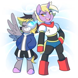 Size: 1500x1500 | Tagged: safe, artist:senseidezzy, deleted from derpibooru, imported from derpibooru, dinky hooves, oc, oc:aero, pegasus, pony, unicorn, armor, bipedal, clothes, cosplay, costume, crossover, duo, glowing eyes, half-siblings, jacket, offspring, older, older dinky hooves, papyrus (undertale), parent:derpy hooves, parent:oc:warden, parents:canon x oc, parents:warderp, sans (undertale), shorts, siblings, simple background, undertale