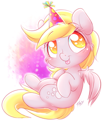 Size: 1300x1500 | Tagged: safe, artist:tamabel, imported from derpibooru, derpy hooves, pegasus, pony, adorkable, birthday, cheek fluff, chest fluff, colored pupils, cute, derpabetes, dork, female, hat, heart eyes, looking at you, mare, party hat, solo, tongue out, wingding eyes