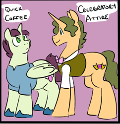 Size: 970x1001 | Tagged: safe, imported from derpibooru, cheese sandwich, donut joe, fancypants, soarin', oc, oc:celebratory attire, oc:quick coffee, alicorn, earth pony, pegasus, pony, unicorn, alicorn oc, clothes, commissioner:bigonionbean, fusion, fusion:celebratory attire, fusion:cheese sandwich, fusion:donut joe, fusion:fancypants, fusion:quick coffee, fusion:soarin', horn, not an alicorn, parent:cheese sandwich, parent:fancypants, wings