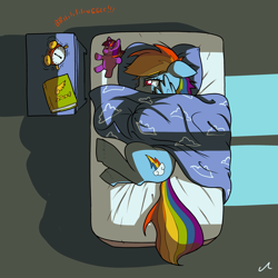 Size: 3000x3000 | Tagged: safe, artist:docwario, artist:friendshipishorses, color edit, edit, imported from derpibooru, rainbow dash, twilight sparkle, pegasus, pony, alarm clock, bed, bedsheets, bedside stand, blanket, book, clock, colored, cutie mark, dashtober, female, floppy ears, implied lesbian, implied shipping, implied twidash, mare, morning, morning ponies, pillow, plushie, sad, solo, waking up