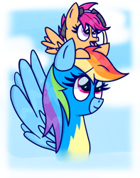 Size: 750x950 | Tagged: safe, artist:763lilypadpandaowl, imported from derpibooru, rainbow dash, scootaloo, pegasus, pony, clothes, cloud, cute, cutealoo, dashabetes, duo, female, filly, goggles, mare, open mouth, scootalove, sky, uniform, wonderbolts uniform