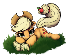 Size: 2000x1541 | Tagged: safe, artist:hitbass, imported from derpibooru, applejack, earth pony, pony, apple, chest fluff, cute, digital art, earth, female, food, happy, jackabetes, mare, prehensile tail, prone, smiling, solo, tail hold