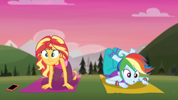 Size: 1920x1080 | Tagged: safe, imported from derpibooru, screencap, rainbow dash, sunset shimmer, equestria girls, equestria girls series, wake up!, spoiler:choose your own ending (season 2), spoiler:eqg series (season 2), barefoot, cellphone, clothes, coiled snake, duo, duo female, feet, female, mountain, mountain range, outdoors, pants, phone, smartphone, tanktop, wake up!: rainbow dash, yoga, yoga mat, yoga pants, yoga pose