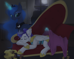 Size: 2500x2000 | Tagged: safe, artist:sinner_png, imported from derpibooru, princess luna, oc, alicorn, pegasus, pony, blanket, couch, crown, cute, featured image, female, folded wings, glowing horn, helmet, hoof shoes, horn, jewelry, lunabetes, magic, male, mare, ocbetes, petting, peytral, regalia, royal guard, sleeping, stallion, sweet dreams fuel, telekinesis, wings, ych result