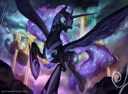 Size: 1400x1029 | Tagged: safe, artist:john thacker, imported from derpibooru, nightmare moon, alicorn, pony, cloud, cloudsdale, ethereal mane, female, magic the gathering, mare, official, ponies the galloping, rainbow waterfall, raised hoof, solo, spread wings, starry mane, wings