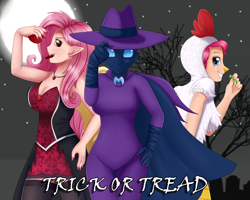 Size: 2500x2000 | Tagged: safe, artist:focusb, imported from derpibooru, fluttershy, mare do well, pinkie pie, bat pony, human, animal costume, bat ponified, breasts, busty fluttershy, chicken suit, clothes, costume, flutterbat, halloween, halloween costume, holiday, humanized, looking at you, race swap, smiling