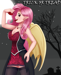 Size: 1633x2000 | Tagged: safe, artist:focusb, imported from derpibooru, fluttershy, human, breasts, busty fluttershy, clothes, costume, female, flutterbat, halloween, halloween costume, holiday, humanized, looking at you, night, race swap, smiling, solo