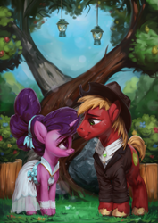 Size: 765x1080 | Tagged: safe, artist:assasinmonkey, imported from derpibooru, big macintosh, sugar belle, earth pony, pony, unicorn, season 9, the big mac question, spoiler:s09, apple, apple tree, bokeh, clothes, cute, digital painting, dress, female, hat, husband and wife, intertwined trees, lantern, looking at each other, male, mare, marriage, pear tree, rock, scene interpretation, shipping, stallion, straight, sugarbetes, sugarmac, tree, wedding, wedding dress