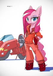 Size: 1414x2000 | Tagged: safe, artist:satv12, imported from derpibooru, pinkie pie, anthro, earth pony, semi-anthro, akira, arm hooves, bipedal, clothes, female, kaneda shotaro, mare, motorcycle, pinkamena diane pie, simple background, solo, white background