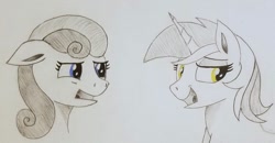 Size: 1241x644 | Tagged: safe, artist:polar_storm, imported from derpibooru, bon bon, lyra heartstrings, sweetie drops, earth pony, pony, unicorn, concerned, duo, duo female, female, mare, mischievous, sketch, traditional art