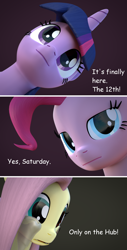 Size: 1600x3144 | Tagged: safe, artist:extremespeed slowpoke, imported from derpibooru, fluttershy, pinkie pie, twilight sparkle, pony, 3d, blender, hub network, jojo reference, the hub