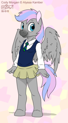 Size: 550x1000 | Tagged: safe, artist:drjavi, imported from derpibooru, oc, oc only, oc:cody morgan, anthro, pegasus, unguligrade anthro, clothes, crossdressing, cute, male, miniskirt, pleated skirt, school uniform, skirt, solo, stallion