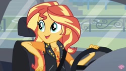 Size: 1200x675 | Tagged: safe, imported from derpibooru, screencap, sunset shimmer, driving miss shimmer, equestria girls, equestria girls series, car, female, solo, watermark