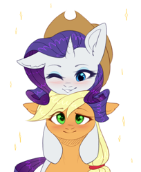 Size: 1628x2000 | Tagged: safe, artist:avrameow, imported from derpibooru, applejack, rarity, earth pony, pony, unicorn, applejack's hat, blushing, cowboy hat, eyeshadow, female, floppy ears, hat, lesbian, makeup, mare, one eye closed, rarijack, shipping, simple background, smiling, white background, wink