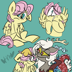 Size: 800x800 | Tagged: safe, artist:mirabuncupcakes15, imported from derpibooru, discord, fluttershy, draconequus, pegasus, butterscotch, duo, eris, female, green background, male, rule 63, scared, simple background