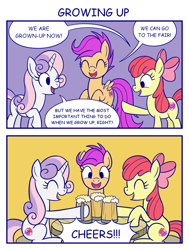 Size: 1600x2120 | Tagged: safe, artist:sazanamibd, imported from derpibooru, apple bloom, scootaloo, sweetie belle, earth pony, pegasus, pony, unicorn, growing up is hard to do, 2koma, age progression, alcohol, cider, comic, cutie mark crusaders, female, filly, mare, older, older apple bloom, older cmc, older scootaloo, older sweetie belle