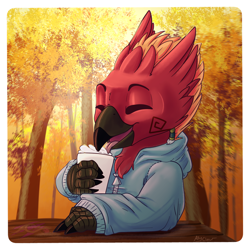 Size: 2500x2500 | Tagged: safe, imported from derpibooru, oc, oc only, oc:arcus, oc:arcus flamefeather, pony, autumn, clothes, coffee, hoodie, solo, tree