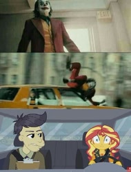 Size: 480x633 | Tagged: safe, edit, imported from derpibooru, screencap, cranky doodle donkey, sunset shimmer, human, driving miss shimmer, equestria girls, equestria girls series, arthur fleck, car, car accident, driving miss shimmer: applejack, irl, irl human, joker (2019), joker hit by car, photo, the joker