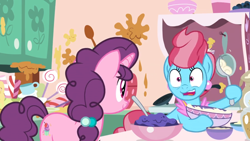 Size: 1600x900 | Tagged: safe, imported from derpibooru, screencap, cup cake, sugar belle, season 9, the big mac question, batter, bowl, cabinet, candy, candy cane, dessert, duo, food, kitchen, ladle, lollipop, mess, mixing bowl, nervous, spoon