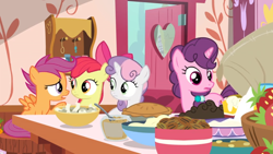 Size: 1600x900 | Tagged: safe, imported from derpibooru, screencap, apple bloom, scootaloo, sugar belle, sweetie belle, the big mac question, bowl, cutie mark crusaders, food, jar, kitchen, open door, pie, pouring, strawberry, sugar (food)