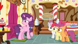 Size: 1600x900 | Tagged: safe, imported from derpibooru, screencap, apple bloom, scootaloo, sugar belle, sweetie belle, the big mac question, bell, carpet, column, cupcake, cutie mark crusaders, dessert, door, food, levitation, magic, mat, pie, stairs, telekinesis, worried