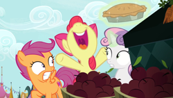 Size: 1600x900 | Tagged: safe, imported from derpibooru, screencap, apple bloom, scootaloo, sweetie belle, the big mac question, apple, cutie mark crusaders, excited, food, happy, hiding, levitation, magic, nervous, pie, smiling, telekinesis, yelling