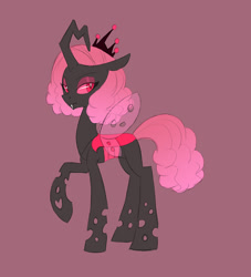 Size: 816x900 | Tagged: safe, artist:carnifex, imported from derpibooru, oc, oc only, oc:queen fluture, changeling, changeling queen, changeling oc, changeling queen oc, colored sclera, crooked horn, female, horn, lidded eyes, raised hoof, red background, red changeling, red eyes, red sclera, simple background, solo