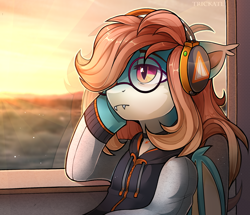 Size: 2240x1928 | Tagged: safe, artist:trickate, imported from derpibooru, oc, oc only, oc:sweet riot, bat pony, pony, bat pony oc, bus, clothes, fangs, glasses, headphones, hoodie, round glasses, solo, sunset, train, trip