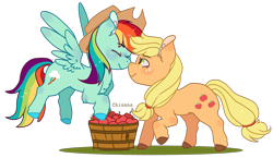 Size: 1175x680 | Tagged: safe, artist:chisanamichin, imported from derpibooru, applejack, rainbow dash, earth pony, pegasus, pony, accessory swap, apple, appledash, applejack's hat, basket, boop, cowboy hat, eyes closed, female, food, hat, lesbian, noseboop, nuzzling, shipping, simple background, transparent background