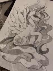 Size: 960x1280 | Tagged: safe, artist:share dast, imported from derpibooru, princess celestia, alicorn, pony, beautiful, crown, cutie mark, ethereal mane, ethereal tail, female, flowing mane, flowing tail, hoof shoes, inktober, inktober 2019, jewelry, lidded eyes, mare, raised hoof, regalia, sketch, smiling, solo, sparkles, spread wings, throne, traditional art