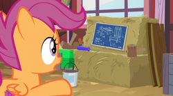 Size: 1600x898 | Tagged: safe, imported from derpibooru, screencap, scootaloo, pony, the big mac question, blueprint, female, hammer, hay, hay bale, lumber, mallet, paint can, plank, screwdriver, solo