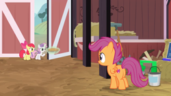 Size: 1600x900 | Tagged: safe, imported from derpibooru, screencap, apple bloom, scootaloo, sweetie belle, the big mac question, barn, cutie mark crusaders, door, food, hay, levitation, magic, mallet, paint can, pie, ruler, shovel, telekinesis