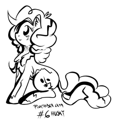 Size: 3322x3551 | Tagged: safe, artist:coco-drillo, imported from derpibooru, pinkie pie, earth pony, pony, content, cracks, expecting, female, inktober, inktober 2019, monochrome, pinktober, ponk, sitting, solo