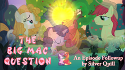 Size: 1280x720 | Tagged: safe, imported from derpibooru, big macintosh, bright mac, pear butter, sugar belle, earth pony, pony, unicorn, the big mac question, apple, apple tree, episode followup, intertwined trees, pear tree, sun, text, tree